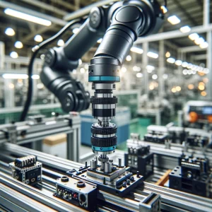 quadrature encoder application featuring an industrial robotic arm in a factory setting